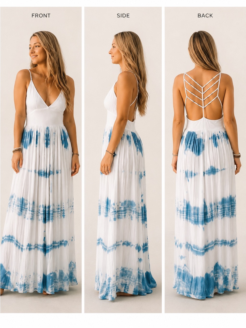 Earthbound Trading Co Blue White Tie Dye Beaded Maxi Dress Size Small